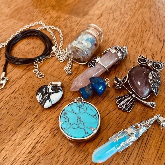 Boho Assorted Gemstone Necklace Charms Spiritual Crystal Owl Tree of Life - Picture 6 of 8